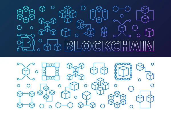 Afiş kümesi renkli Blockchain cryptocurrency anahat — Stok Vektör