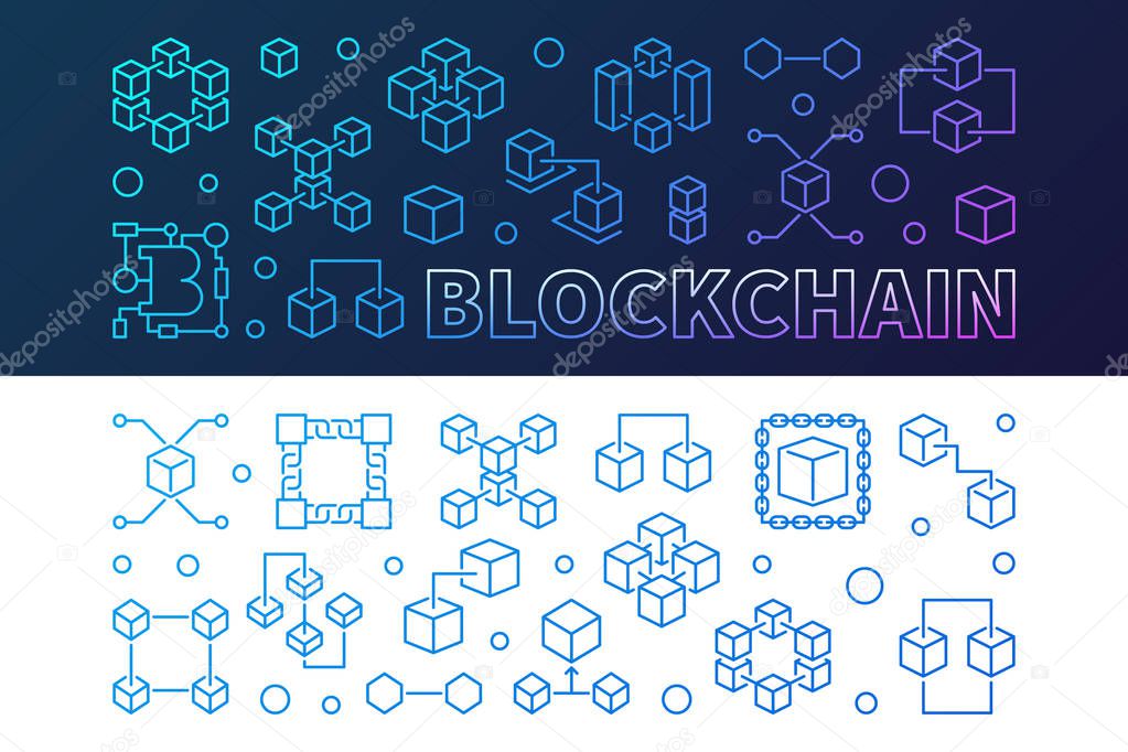 Blockchain cryptocurrency outline colored banners set