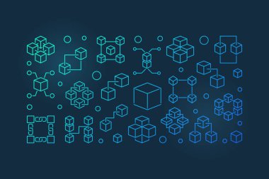 Blockchain teknoloji mavi çizgi afiş. Vektör çizim