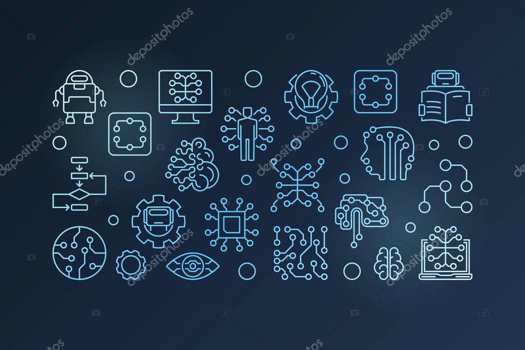 Machine Learning horizontal blue vector banner or illustration in line style on dark background