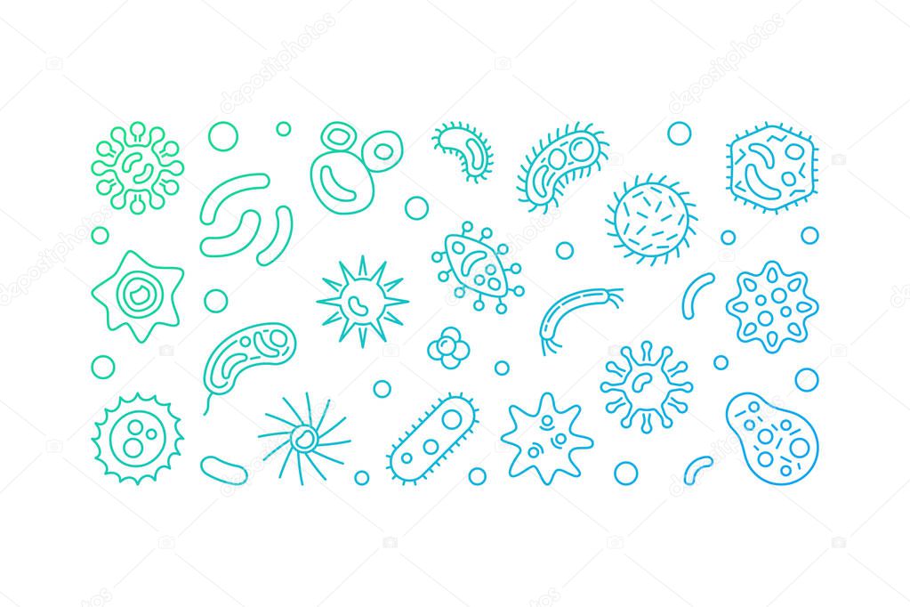 Pathogenicity bright line horizontal banner. Vector microbes and viruses illustration in thin line style on white background