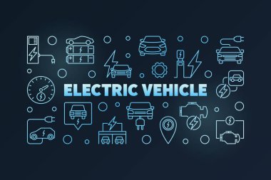 Elektrikli araç mavi anahat afiş. Ev vektör çizim