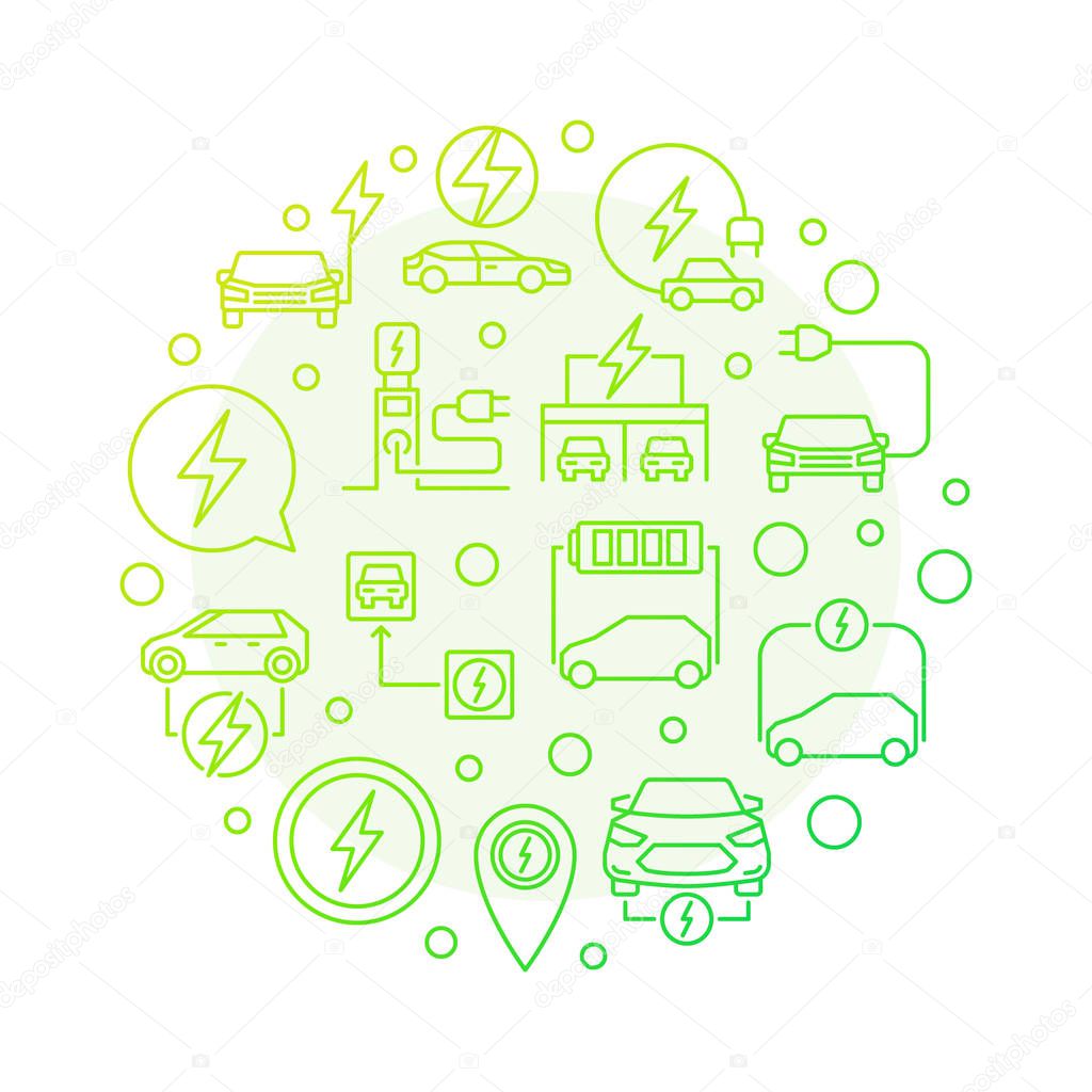 All-electric car round green outline modern illustration