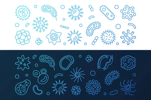 Bakterien, Viren und Pilze blaue Vektor-Linearbanner — Stockvektor