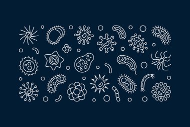 Patojen ve virüs yatay banner. Vektör kavramı en az illüstrasyon koyu arka plan üzerinde anahat tarzı