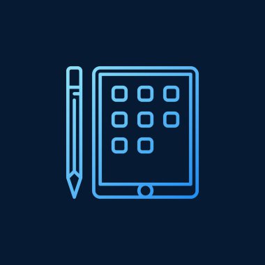 Koyu arka plan üzerinde kalem mavi doğrusal vektör simgesi ile tablet