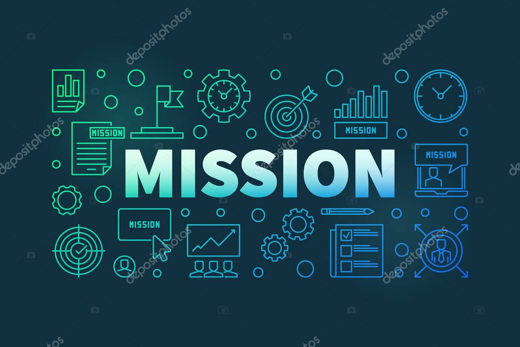 Mission vector colorful linear illustration or banner on dark background