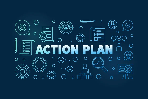 Cselekvési terv vízszintes kék körvonal banner a sötét háttér — Stock Vector