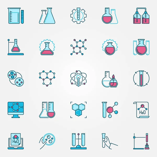Chemie Wissenschaft Ikonen gesetzt. chemische Vektor-farbige Symbole — Stockvektor
