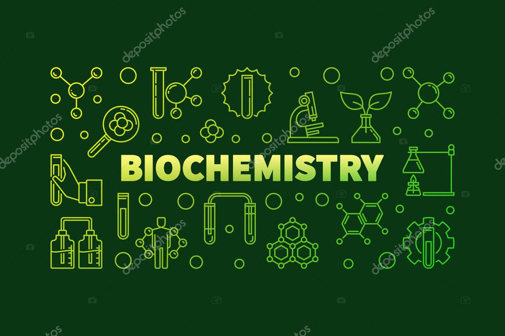 Biochemistry vector green concept horizontal banner or illustration in outline style on dark background