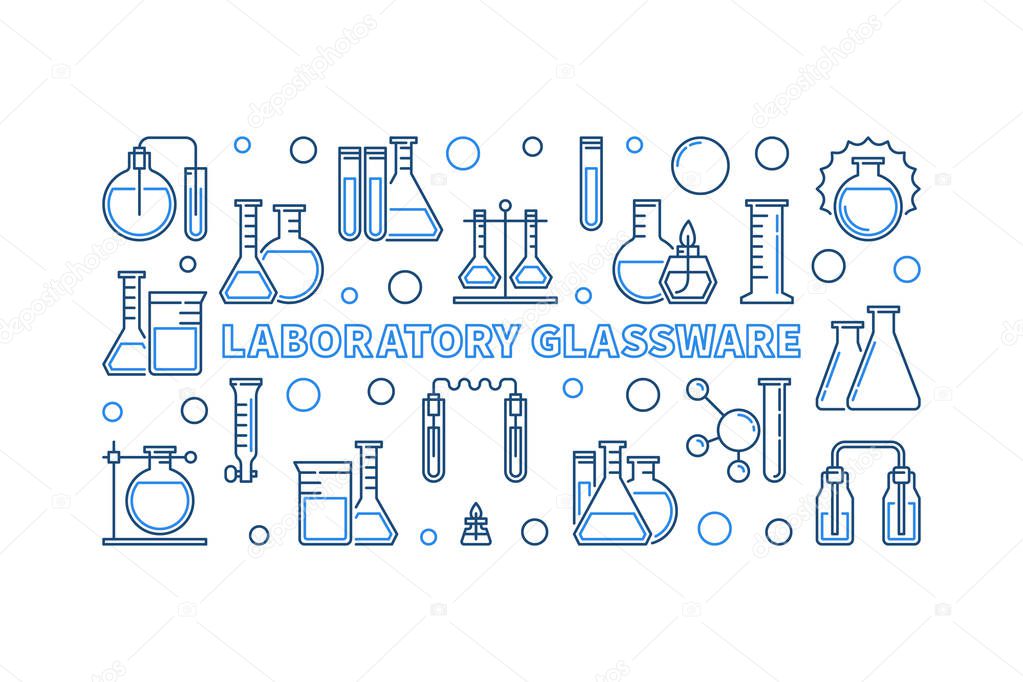 Laboratory Glassware vector concept blue outline horizontal illustration on white background