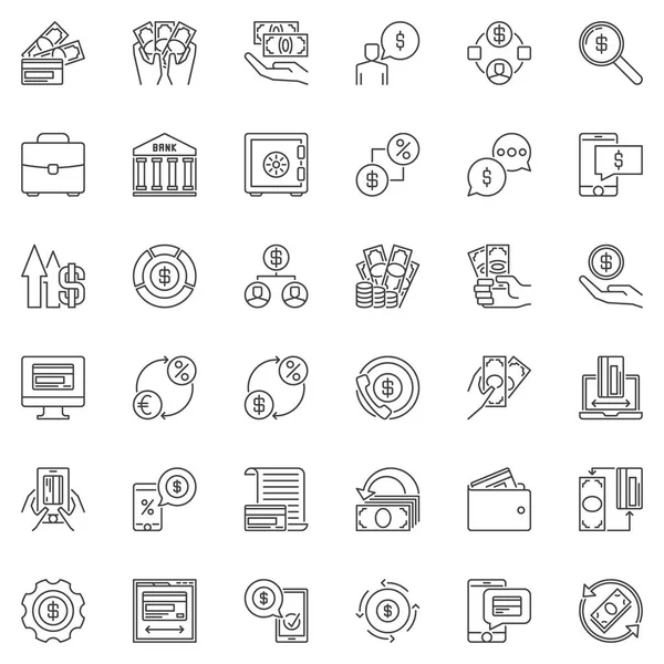 Conjunto de iconos vectoriales de esquema de dinero, pagos y finanzas — Archivo Imágenes Vectoriales