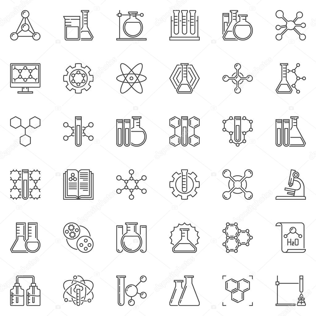 Chemical research linear icons set. Vector Chemistry concept signs in thin line style