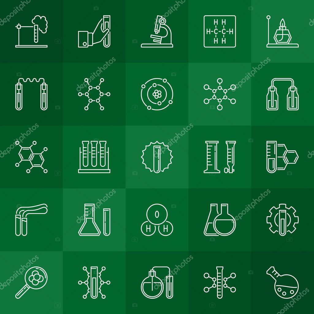 Vector chemistry outline concept icons or design elements on green background