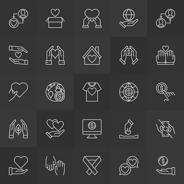 Iconos vectoriales de donación y voluntarios en estilo de línea delgada — Vector de stock