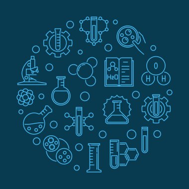 Bilim ve kimya vektör yuvarlak mavi anahat illüstrasyon