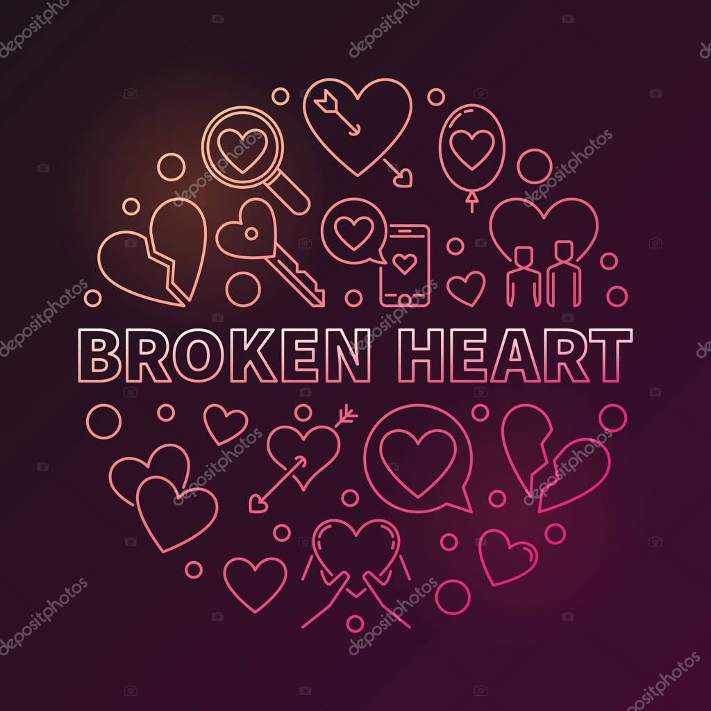 Broken Heart vector round colored linear illustration on dark background
