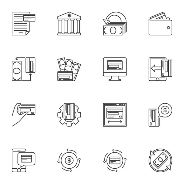 Conjunto de iconos de concepto de vector de esquema de banco y dinero — Archivo Imágenes Vectoriales