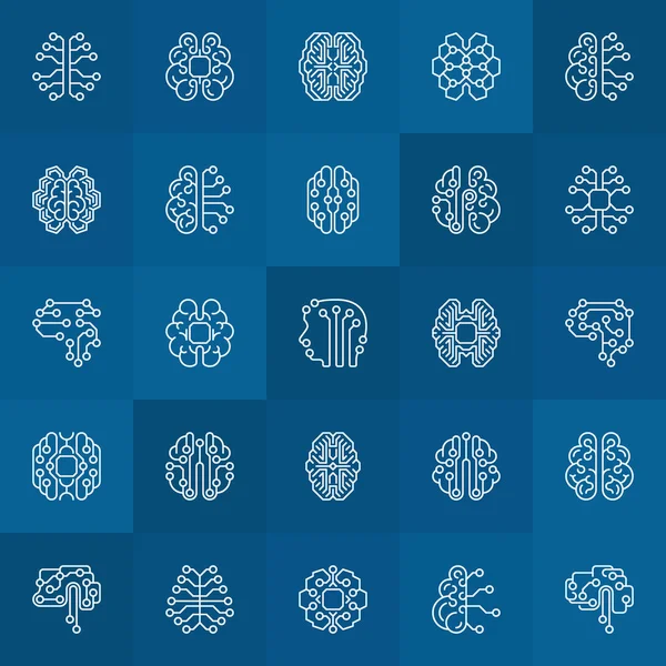 Icônes linéaires AI Smart Brain. Vecteur AI Signes de contour cérébral — Image vectorielle