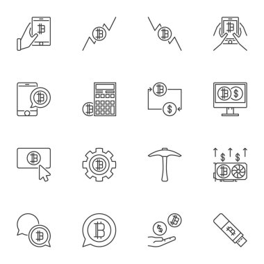 Beyaz arka plan üzerinde vektör Blockchain kavramı satır Icons set