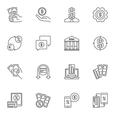 Para en az doğrusal Icons set. Vektör nakit Seviyelendirme simgeleri