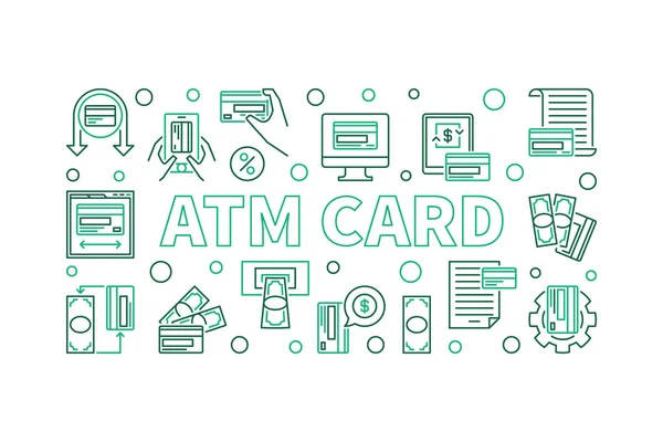 Banner horizontal de tarjeta ATM en estilo de línea fina. Ilustración vectorial — Vector de stock