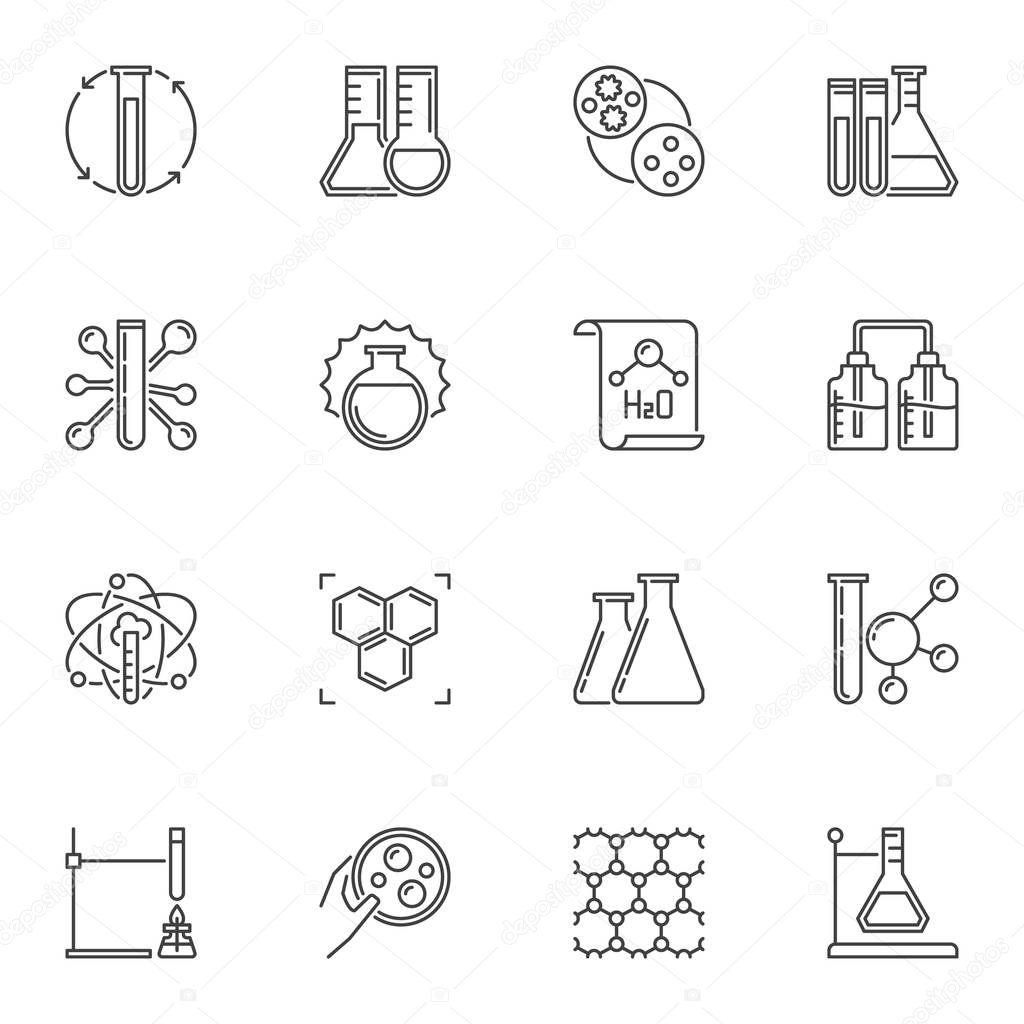 Vector set of Chemistry concept icons or signs in outline style