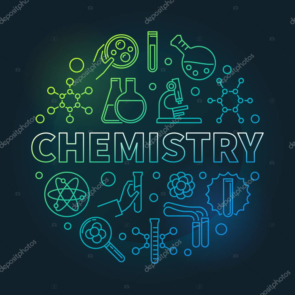 Chemistry vector colored concept round illustration in thin line style on dark background