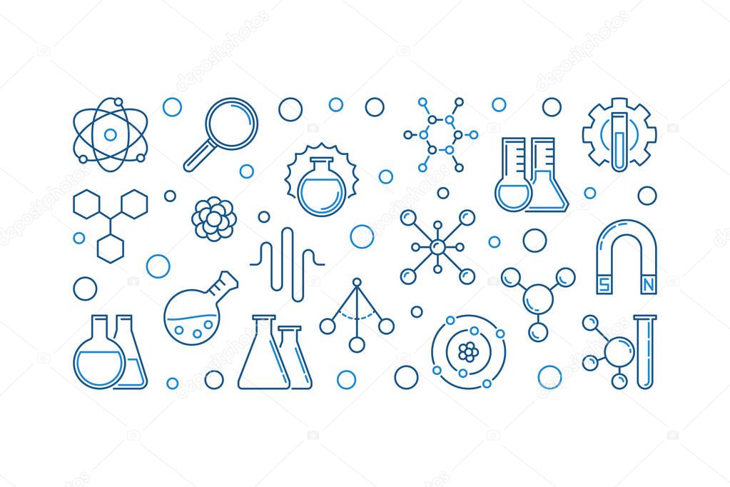 Chemical Physics vector concept blue horizontal illustration in outline style on white background