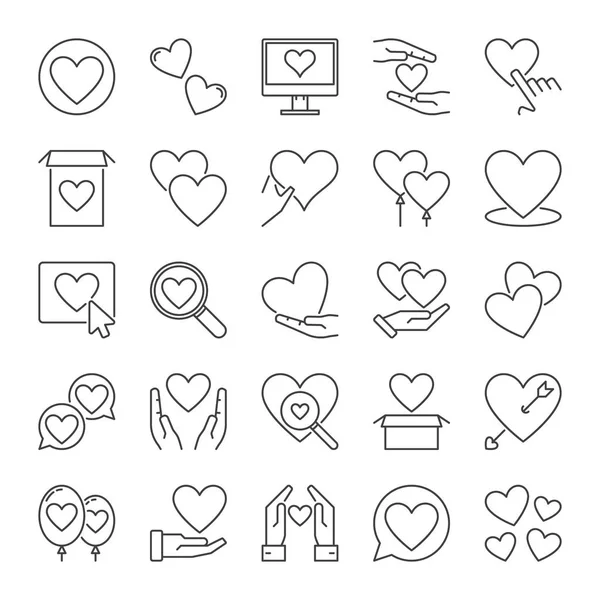 Iconos de concepto de corazones y amor ambientados en estilo de esquema — Vector de stock