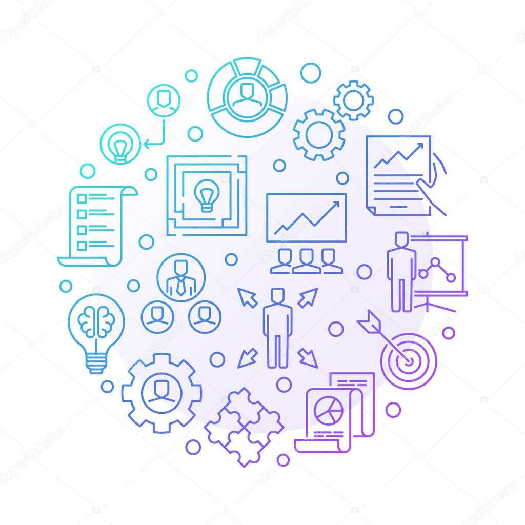 Strategic management vector colored round linear illustration on white background