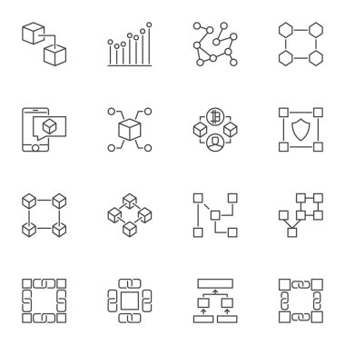 Blockchain doğrusal simgeler. Blok zincir vektör işaretler kümesini