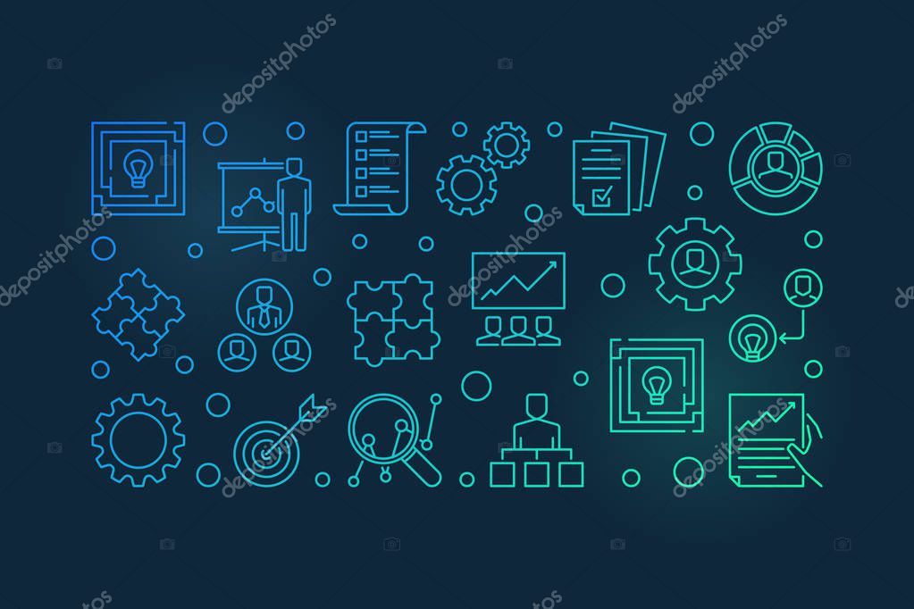 Strategic Management vector colorful horizontal illustration in outline style on dark background