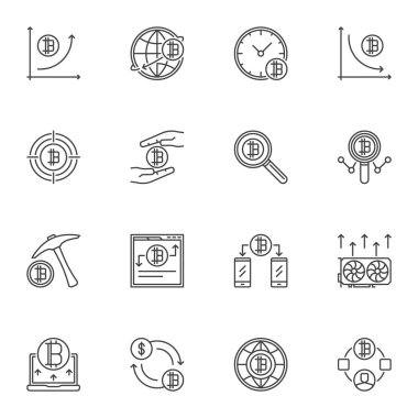 Cryptocurrency ve Blockchain vektör hat kavramı Icons set