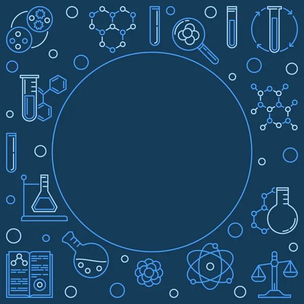 Chemie vector blauwe achtergrond met chemische overzicht pictogrammen — Stockvector