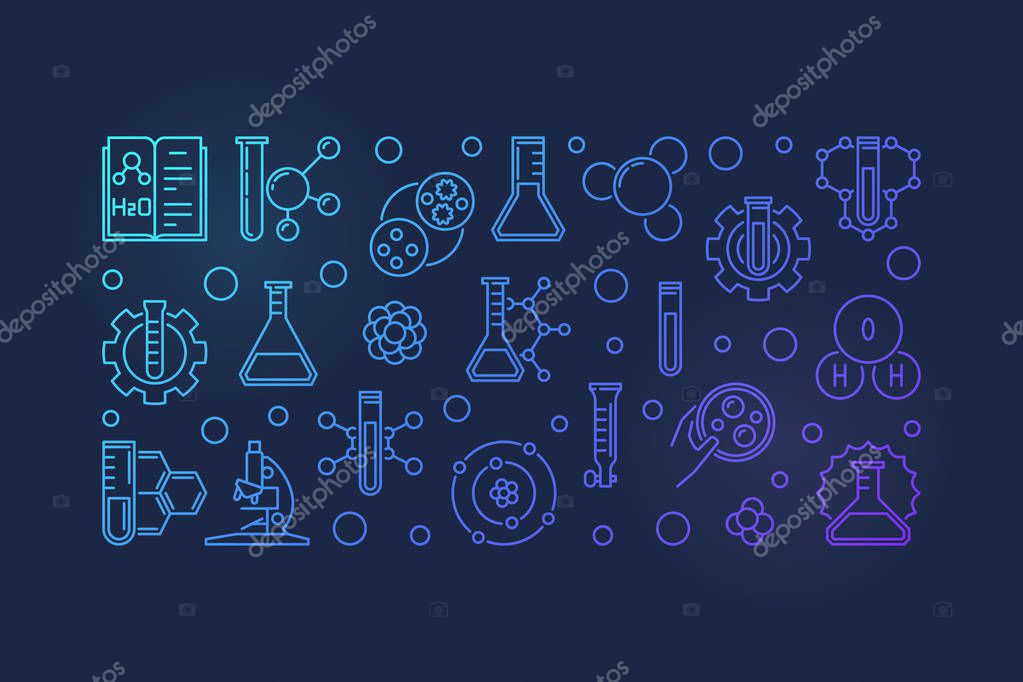 Science and Chemistry blue vector concept horizontal illustration in thin line style on dark background