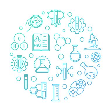 Bilim ve kimya vektör mavi doğrusal illüstrasyon yuvarlak