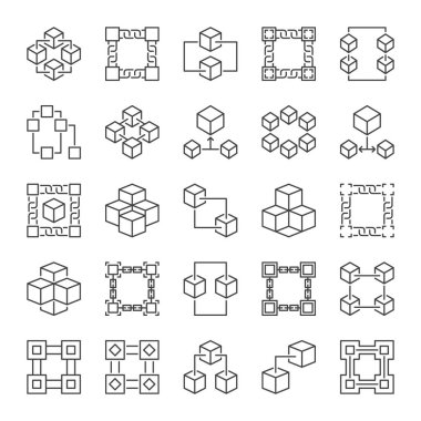 Vektör Blockchain teknoloji anahat kavramı Icons set