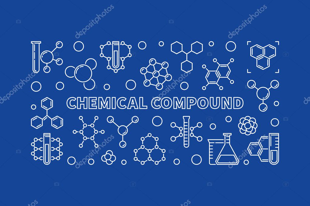 Chemical Compound concept horizontal outline illustration. Vector banner on blue background
