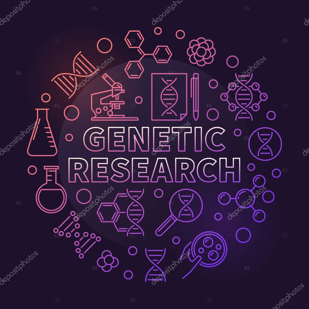Genetic Research vector circular biology colorful outline illustration on dark background
