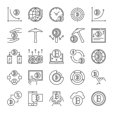 Cryptocurrency ve Blockchain vektör anahat simgeleri ayarlamak