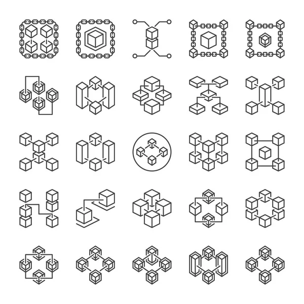 Set of Blockchain Technology abstract outline vector icons — Stock Vector