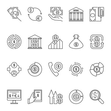 USD doğrusal simgeler ayarlanır. Vektör para ve dolar anahat sembolleri