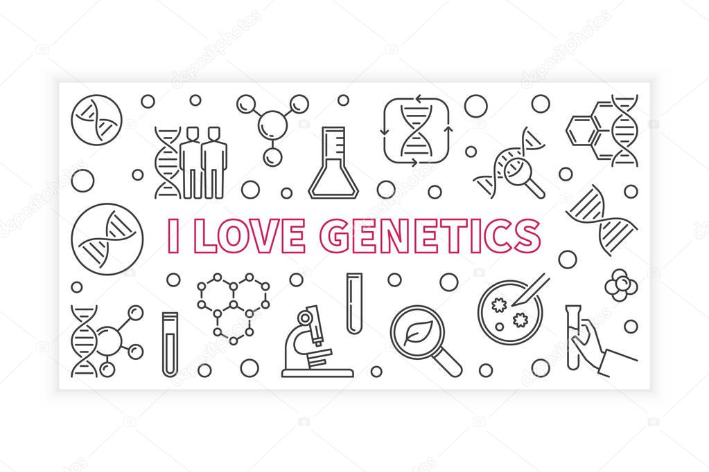 I Love Genetics outline banner. Vector linear illustration