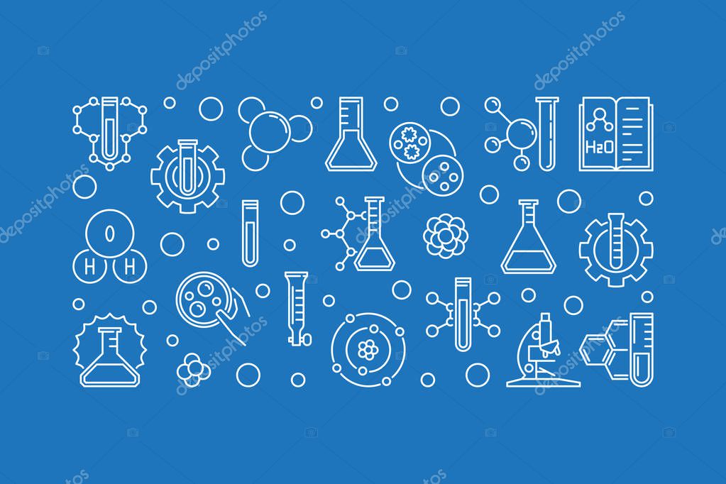 Chemistry and Science vector concept horizontal banner or illustration in outline style on blue background