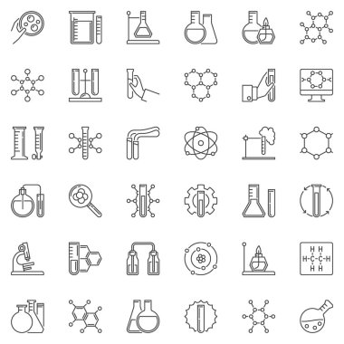 Kimya doğrusal simgeler ayarlayın. Mikroskop, atom, Flask sembolleri