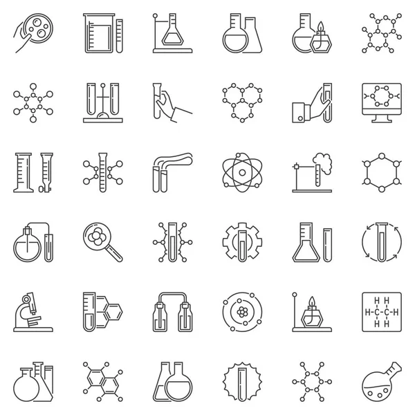 Chemie lineare Symbole gesetzt. Mikroskop, Atom, Flaschensymbole — Stockvektor