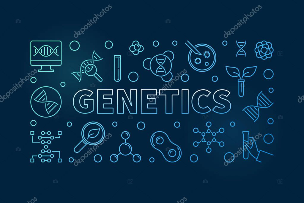 Genetics vector blue outline horizontal banner on dark background