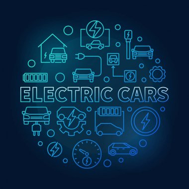 İnce çizgi tarzında elektrikli arabalar yuvarlak vektör mavi illüstrasyon