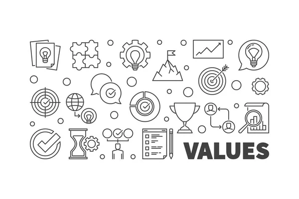 Values concept horizontal outline banner. Vector illustration — Stock Vector
